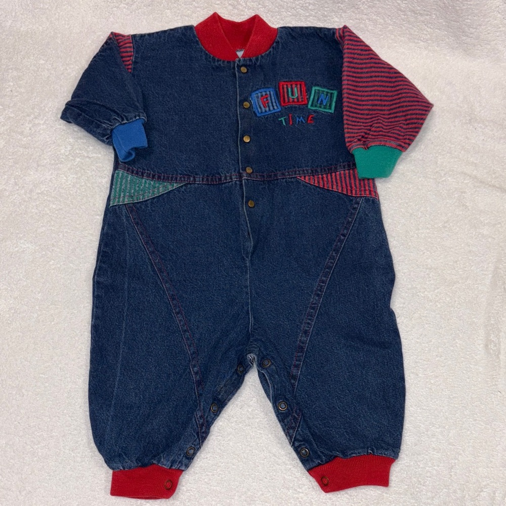 Vintage Buster Brown denim jumpsuit striped embroidered fun time 12m